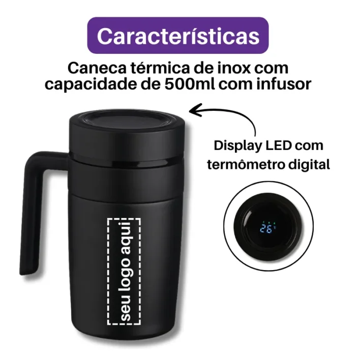 Brinde Caneca Personalizada Térmica Inox 500ml com Display LED SDP18641